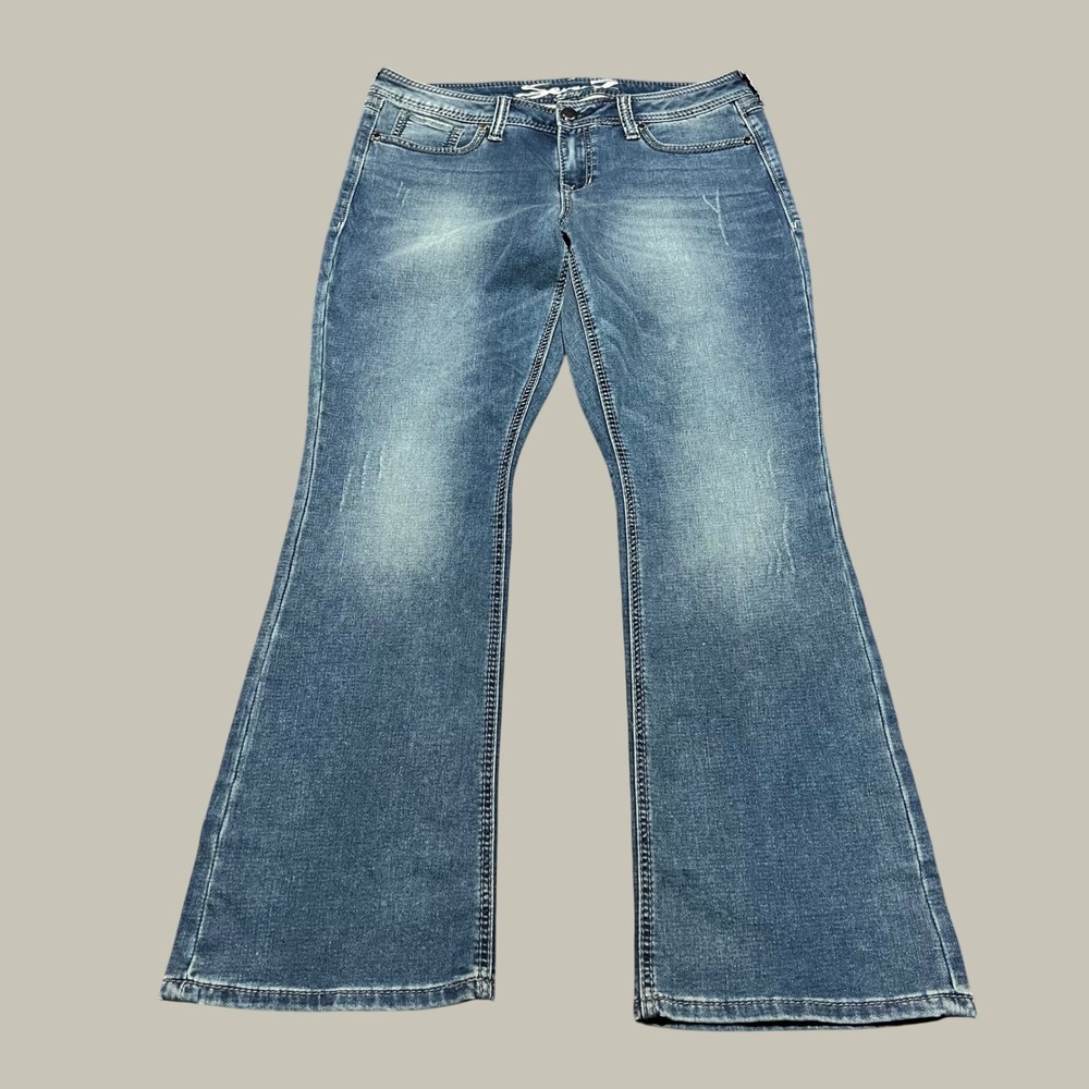 Seven7 Slim Boot Jeans Womens 14 Medium Wash Embroidered Pockets Blue Denim
